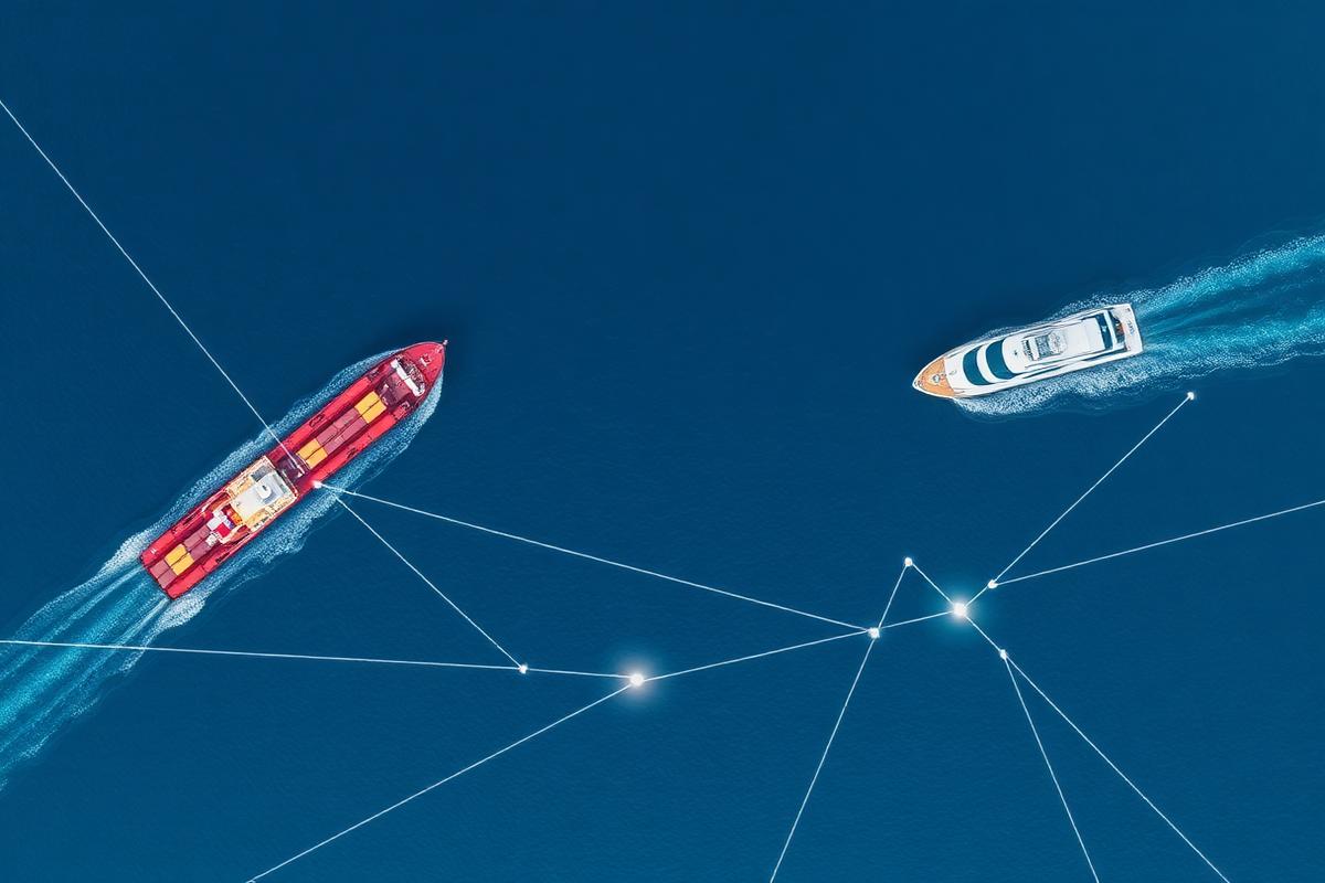 Aerial view of vessels being tracked across the ocean
